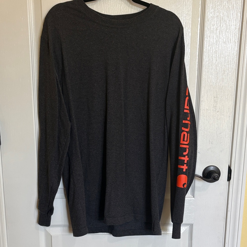 Carhartt Men's Charcoal Long Sleeve Tee with Orange Logo - Picture 2 of 5